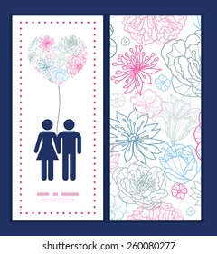 Vector gray and pink lineart florals couple in love silhouettes frame pattern invitation greeting card template