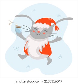 Vector gray rabbit dressed as Santa Claus. Bunny holding a cup of coffee. Symbol of the Chinese New Year 2023. Flat illustration of a cute character on a blue for cards, banners, posters, calendars.