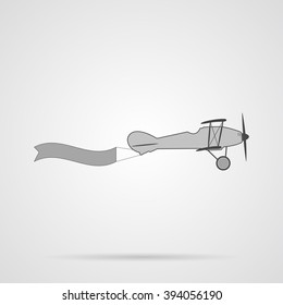 Vector Gray Retro Plane with Banner Flat Icon over light gray background. Simple element for your designs, web, projects, logo, and other.