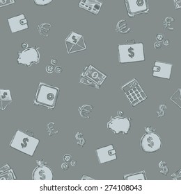 Vector  Gray Seamless Pattern of Finance. Finance, Money, Wealth, Business, Currency.