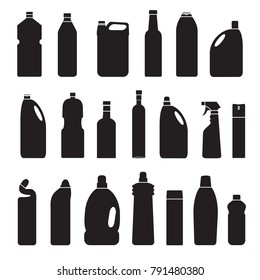 Vector gray silhouette set of illustration bottles, cans, container isolated on white background. Icon.