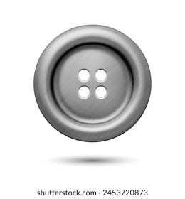 Vector Gray Silver Color Metal Four Hole Clothes Button Closeup, Isolated on White Background. Round Button, Front View