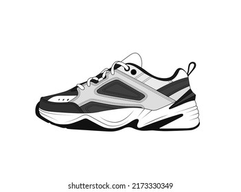 Vector gray sneakers flat illustration. Man classic casual footwear, isolated on white background. Modern shoes silhouette. Black shoe icon. Fashion sports footwear. Realistic drawn sneaker