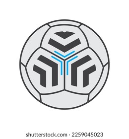Vector gray soccer pentagonal ball with black arrows and blue lines on a white background. Football symbol.