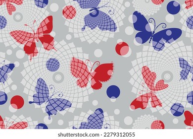 Vector gray spring seamless pattern with red and blue butterflies with dots and mandalas