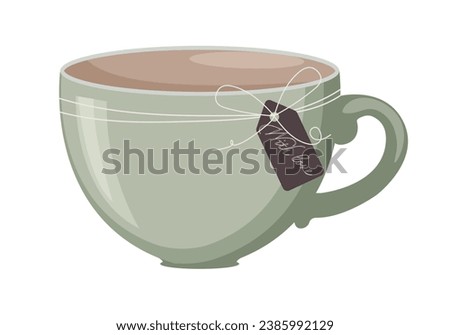 Vector gray tea cup. Tea cup with white bow. Flat illustration. Coffeecup. Porcelain cup.