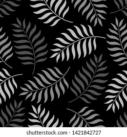 Vector Gray Tropical Palm Leaves Pattern In Black Background