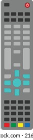 vector of a gray TV remote with several buttons each with their respective functions, for example moving channels, changing sound. white background.