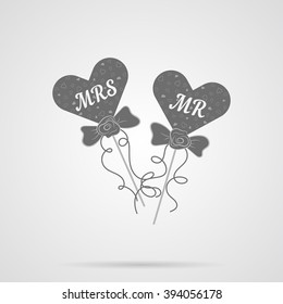 Vector Gray Wedding Hearts MR and MRS Flat Icon over light gray background. Simple element for your wedding designs, wedding business projects, logo, web and other your projects