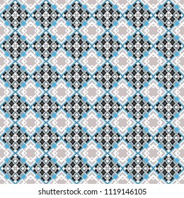 Vector gray, white and blue seamless background pattern with rhombuses.