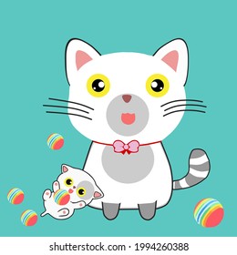 Vector gray white cat with cubs playing rainbow ball.