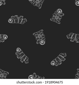 Vector Gray white cute Tardigrade, water bears or moss piglets repeat seamless pattern. Chalk on blackboard effect