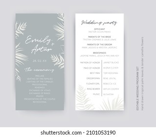 Vector Gray And White Tropical Wedding Ceremony And Party Program Card Set. Editable Palm Leaves, Foliage Decorative Border, Frame. Modern, Elegant, Minimalist Design Hand Drawn Botanical Illustration