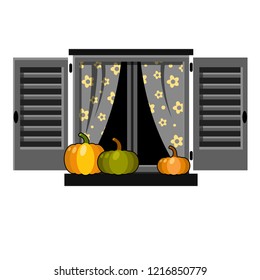 Vector gray window with shutters and curtains with flowers decorated with pumpkins. Cute Halloween card. Cartoon illustration.