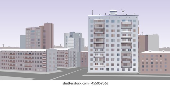 Vector gray winter urban landscape with empty streets and skyscrapers