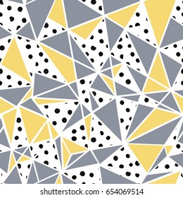 Vector gray, yellow, black and white triangles and polka dots abstract seamless repeat pattern design. Great for modern fabric, wallpaper, scrapbooking, giftwrap, packaging projects. 