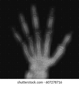Vector grayscale abstract hand tomography analysis illustration. Digital palm x-ray scan. Medical data MRI visualization concept. Futuristic healthcare software HUD UI. Data driven image. Human hand