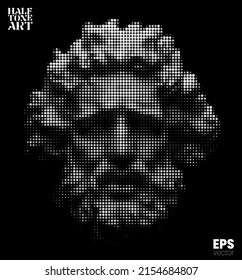 Vector grayscale dot halftone mode illustration of classical head sculpture of bearded old man from 3d rendering isolated on black background. 