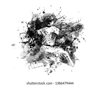 Vector grayscale illustration of a baseball player