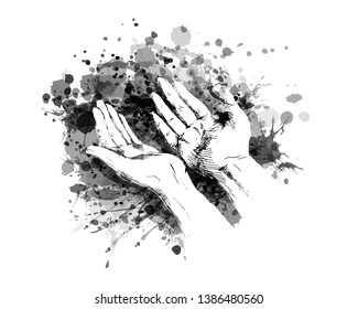 Vector grayscale illustration of a begging hands
