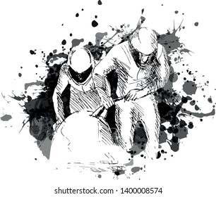 Vector grayscale illustration of a bobsleighers