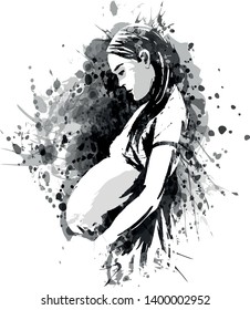Vector grayscale illustration of a pregnant woman