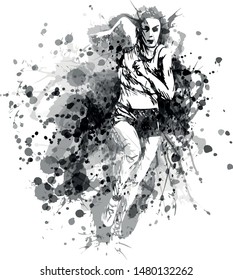 Vector grayscale illustration of a running woman