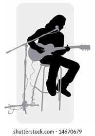 Vector grayscale silhouette image of a guitar player; man sitting on chair and playing guitar.