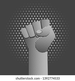 vector grayscale symbolic raised clenched power fist male hand protest concept sign vintage illustration retro poster design isolated on dotted background
