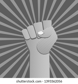 vector grayscale symbolic raised clenched power fist male hand protest concept sign vintage illustration retro dot texture poster design isolated on diverging rays background
