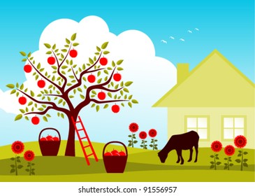 vector grazing goat in apple tree orchard