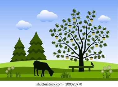 vector grazing goat and oak tree with bench