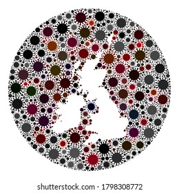 Vector Great Britain and Ireland map collage of SARS virus. Infection attacks the quarantine territory from out space. Stencils circle Great Britain and Ireland map collage created with viral parts.