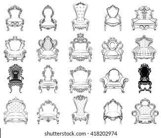 Vector great collection of Baroque style armchairs furniture. Big Vector set of Antique Royal furniture. different rich detailed ornamented armchairs 