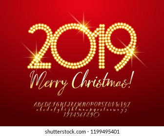 Vector great glowing Greeting Card Merry Christmas 2019. Golden shine Banner for Casino, Club, Entertainment Celebration Party. Calligraphic Font.