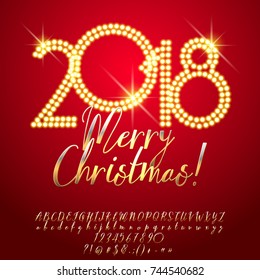 Vector great glowing Greeting Card Merry Christmas 2018. Golden shine banner for casino, club, entertainment celebration party. Set of Calligraphic Letters, Numbers, Symbols. Contains Graphic Style