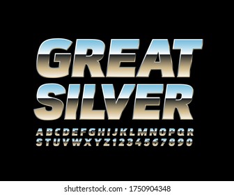 Vector Gran Fuente Plata. Letras y números de alfabeto metálico.
