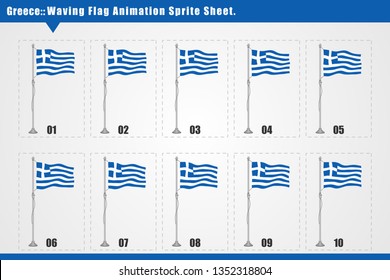Vector Greece country waving flag animation. Sequence frames sprite sheet illustration. Smooth waving animation sprites on white background, Greece flag vector animation frames.