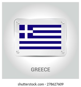 Vector Greece Flag glass plate with metal holders - Country name label in bottom - Gray background vector illustration