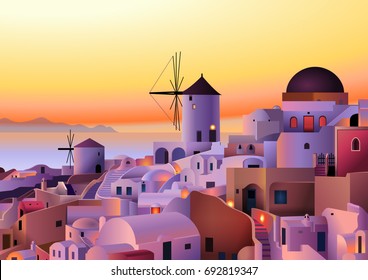 Vector Greece island summer sunset landscape