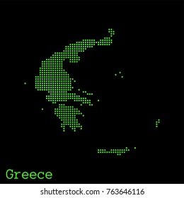 Vector Greece map dotted silhouette with green dots on a black background (as on old ancient computers running DOS)