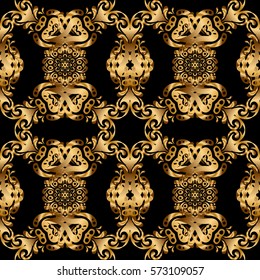 Vector greed and vignette for design. Elements in Victorian style on a black backdrop. Golden floral seamless pattern. Ornate decor for invitations, greeting cards, thank you message.