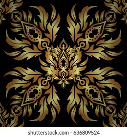 Vector greed and vignette for design. Elements in Victorian style on a black backdrop. Golden floral seamless pattern. Ornate decor for invitations, greeting cards, thank you message.