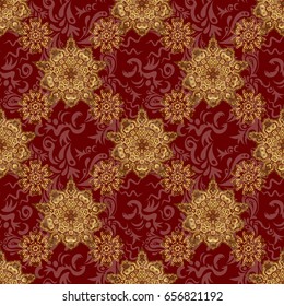 Vector greed and vignette for design. Golden floral seamless pattern. Ornate decor for invitations, greeting cards, thank you message. Elements in Victorian style on a red backdrop.