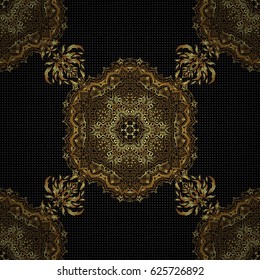 Vector greed and vignette for design. Ornate decor for invitations, greeting cards, thank you message. Elements in Victorian style on a black backdrop. Golden floral seamless pattern.