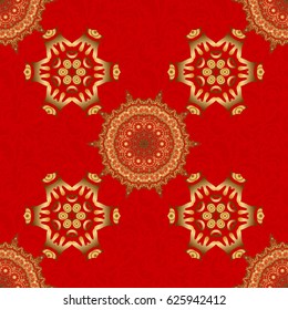 Vector greed and vignette for design. Ornate decor for invitations, greeting cards, thank you message. Elements in Victorian style on a red backdrop. Golden floral seamless pattern.