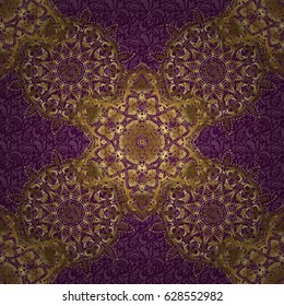 Vector greed and vignette for design. Ornate decor for invitations, greeting cards, thank you message. Elements in Victorian style on a purple backdrop. Golden floral seamless pattern.