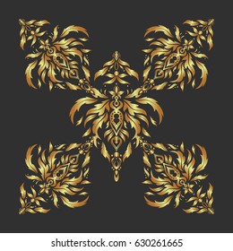Vector greed and vignette for design. Ornate decor for invitations, greeting cards, thank you message. Elements in Victorian style on a gray backdrop. Golden floral seamless pattern.