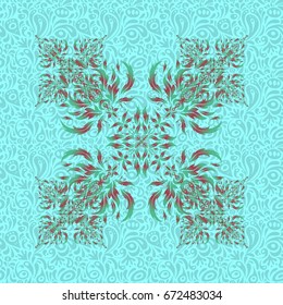 Vector greed and vignette seamless pattern for design. Elements in Victorian style. Ornate decor for invitations, greeting cards, thank you message in green, blue and red colors.