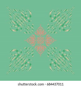 Vector greed and vignette seamless pattern for design. Elements in Victorian style. Ornate decor for invitations, greeting cards, thank you message in orange, green and pink colors.